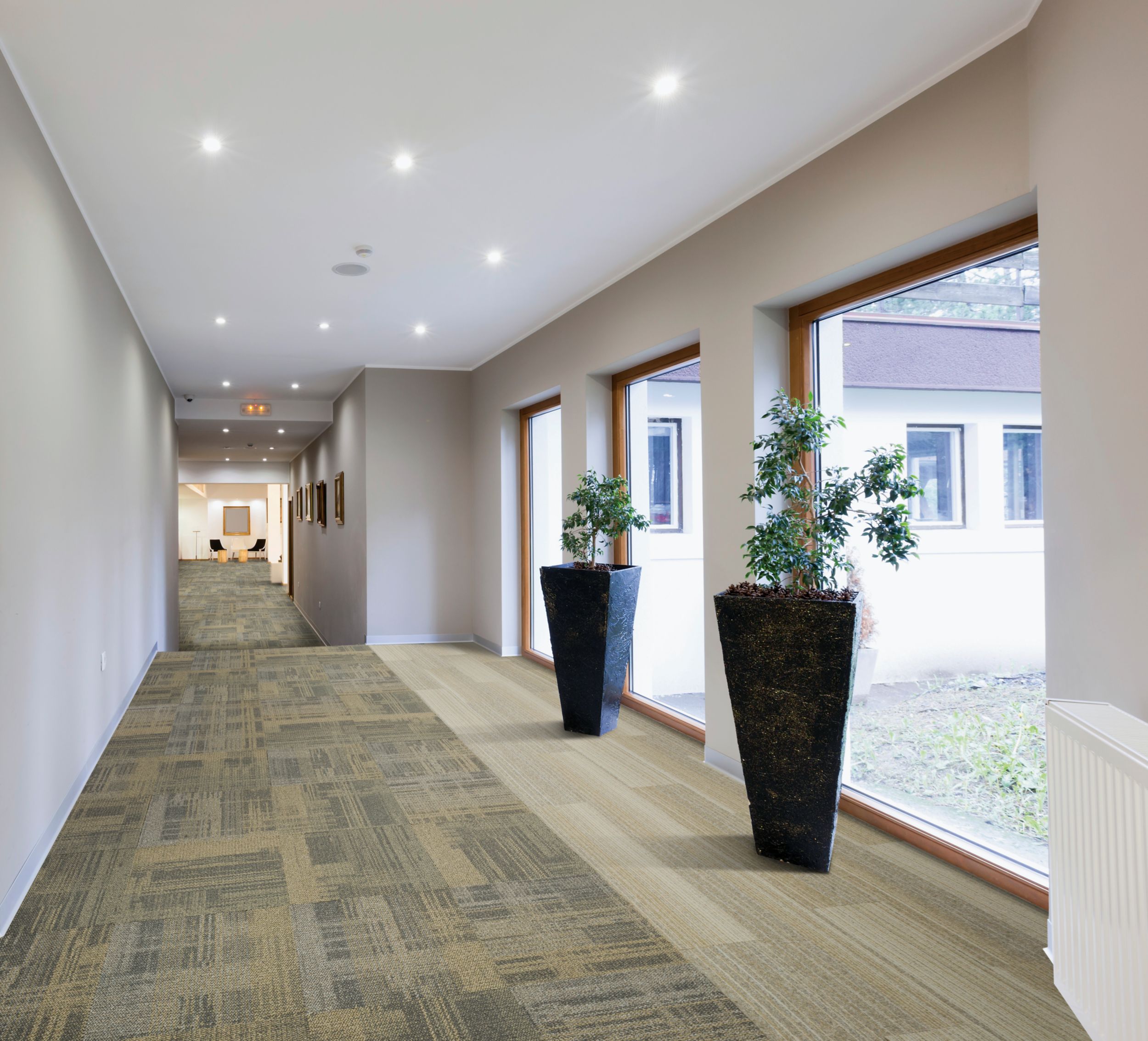 Interface AE310 carpet tile with Shiver Me Timbers plank carpet tile in corridor image number 9